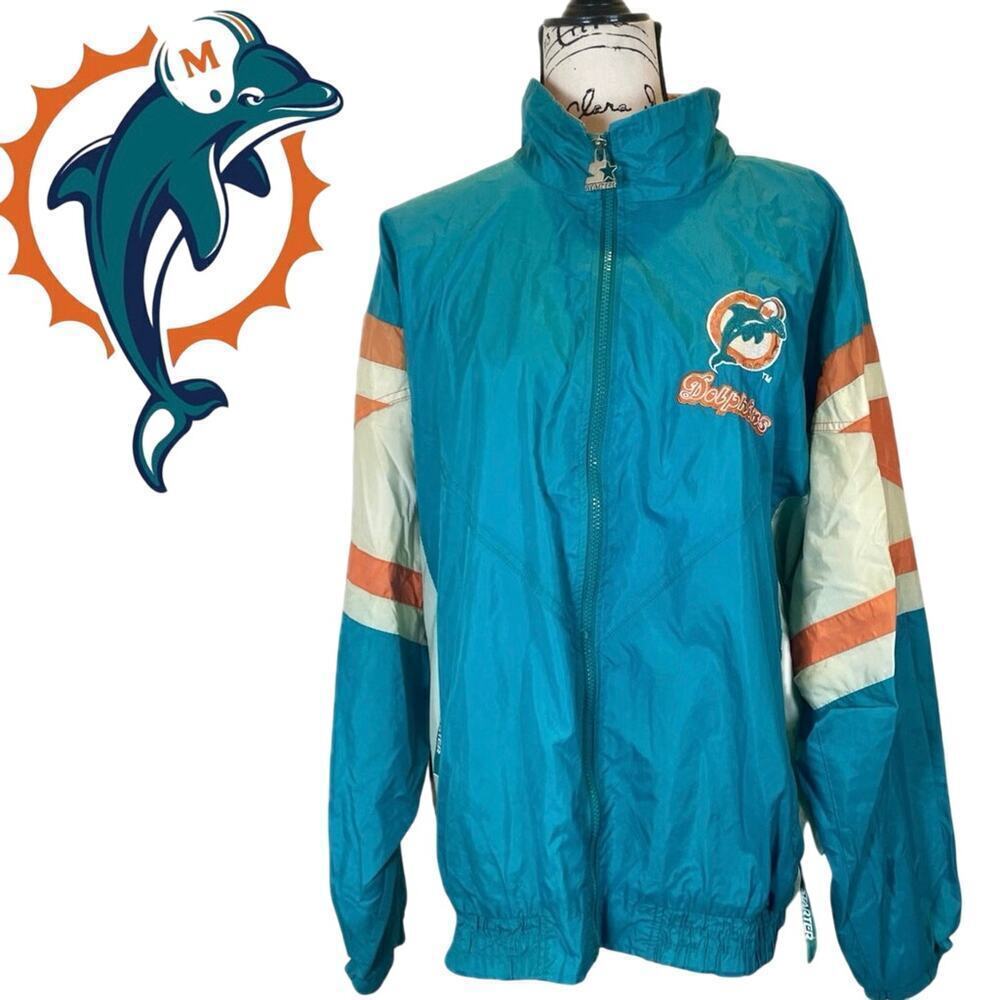 VTG 90’s STARTER JACKET MIAMI DOLPHINS RAIN STOOWABLE SZ XL TEAL/ORANGE ICONIC